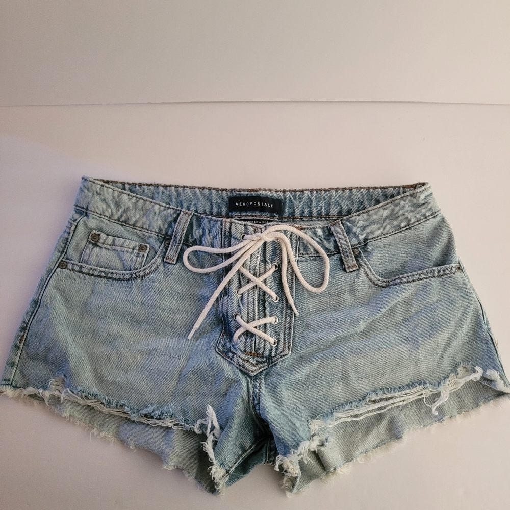 Aeropostale Denim Shorts Vintage Low Rise Shorty Frayed Hem Crisscross Womens 10